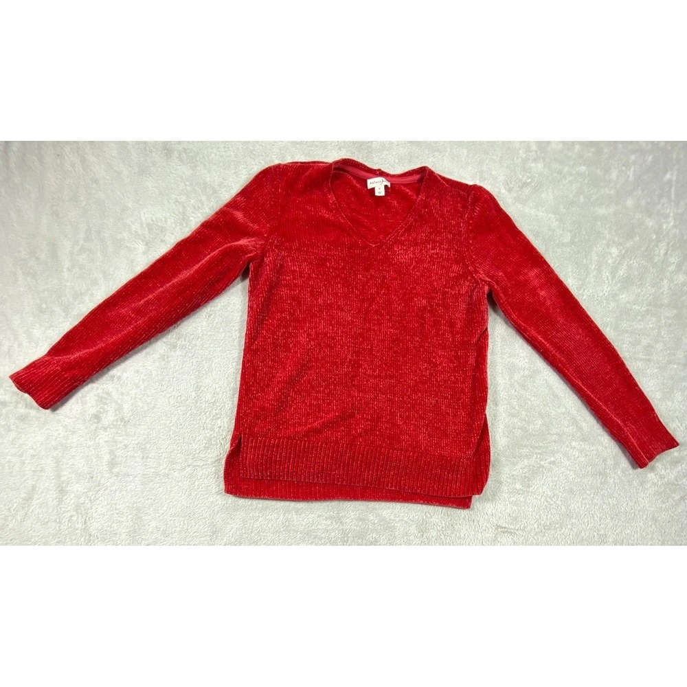 Maison Jules Sweater Womens M Red Chenille Ribbed Knit‎ Soft V-Neck Long Sleeve